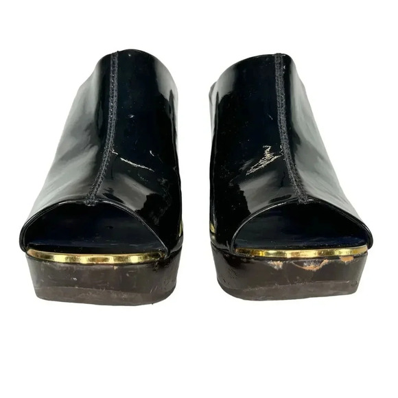 Tory Burch Leather Glossy Black Gold Elegant Slip On Mule Open Toe Size 8.5M - Picture 2 of 8